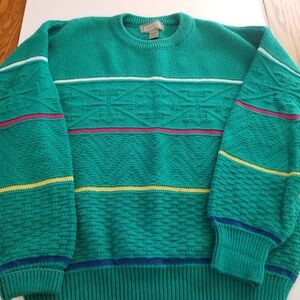 Vintage Christopher Hayes Teal Crewneck Sweater with Multicolor Stripe Accents